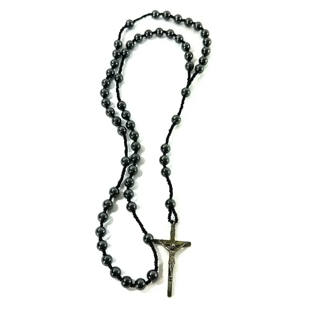 Vintage Catholic Hematite Rosary Black Hematite Beads Silver Tone Crucifix 20”